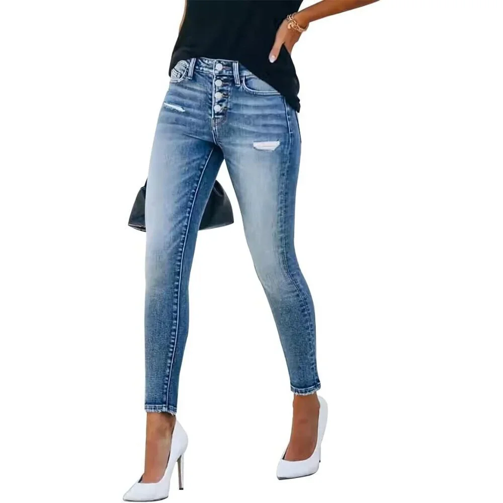 Women's Ripped Skinny Stretch Denim Jeans Frayed Distressed Casual